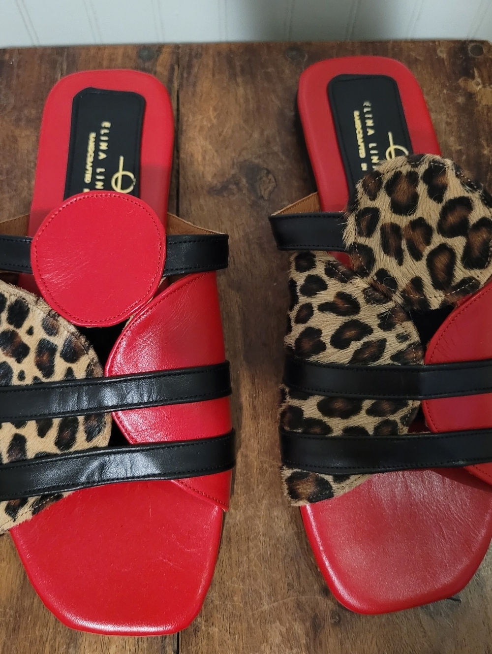 Elina Linardaki Lucia Red Leather Leopard Calf Hair Slide Sandals EU 41 US10 NIB